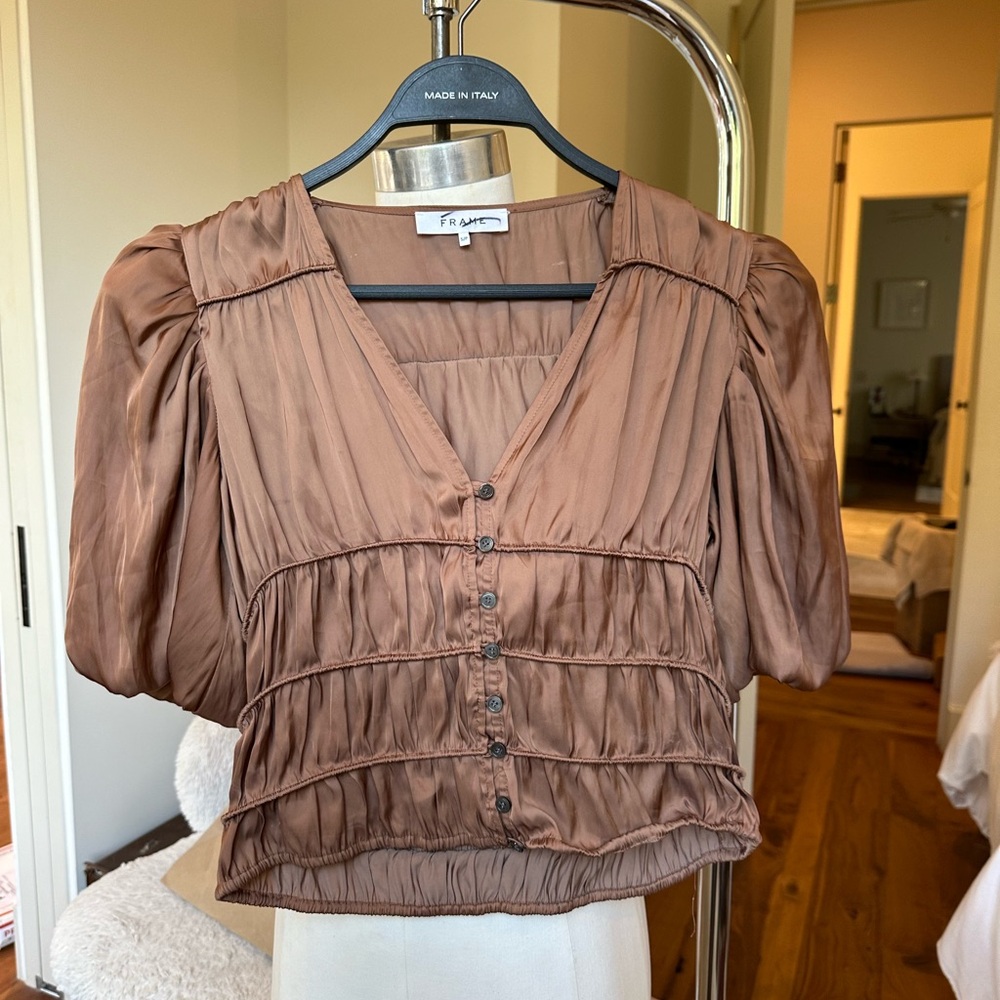 Frame Denim Brown Puff Sleeve Crop Top